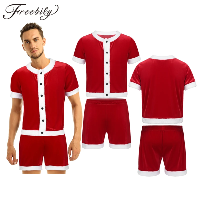 Adults Soft Velvet Santa Claus Xmas Costume Short Sleeve Red Tops with Shorts Set Men Christmas Party Cosplay Fancy Dress Outfit