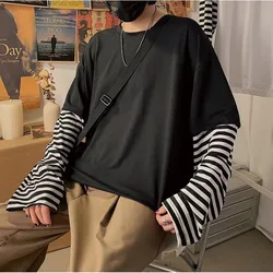 Long Sleeve Fake Two Piece Boys T Shirt Striped Men Autumn Oversized Tees Clothes Tshirt Ulzzang Patchwork Cartoon T Shirt Boys