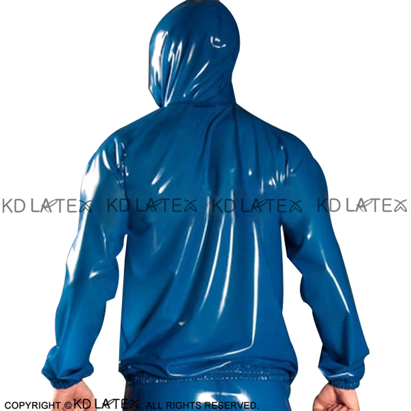 Transparent Blue And Black Sexy Latex Jacket Zipper At Front With Hoodie Pockets Rubber Coat Top YF-0158