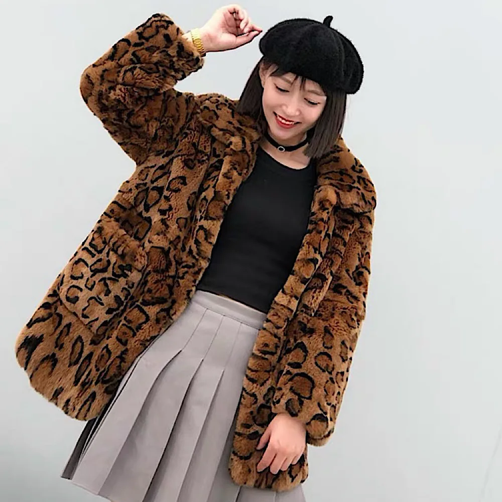 

2022 New winter Women Real Rex Rabbit Fur Coats With Leopard Lapel Collar Natural Whole Skin Genuine Rex Rabbit Medium Long Fur