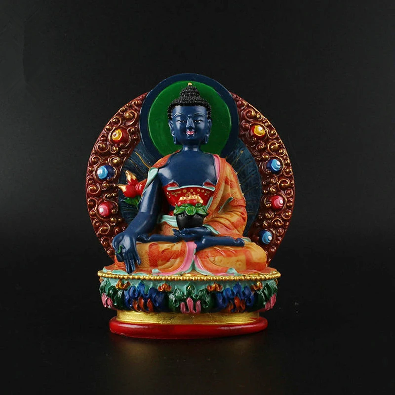 

12cm Pharmacist Resin Buddha Figurine, Bodhisattva Delicate Hand Blue Plated Buddhist Tibetan Medicine Figure Buddha Statue