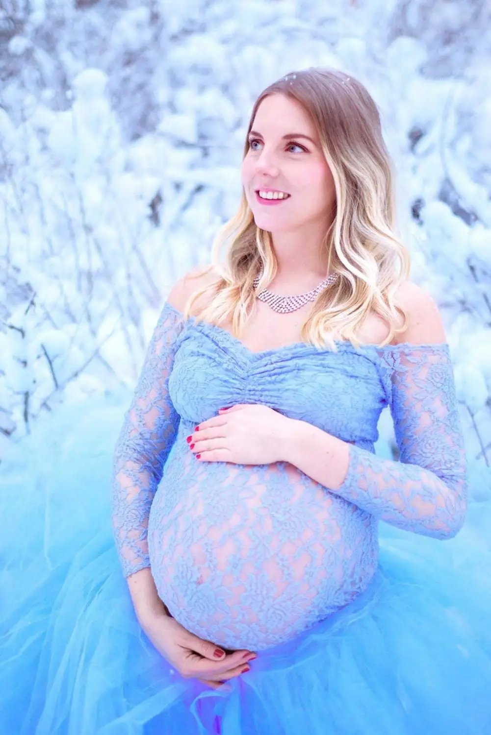 Maxivestido de maternidad de encaje para sesión de fotos, ropa de embarazo de manga larga con hombros descubiertos + vestido de malla, fotografía para mujeres embarazadas