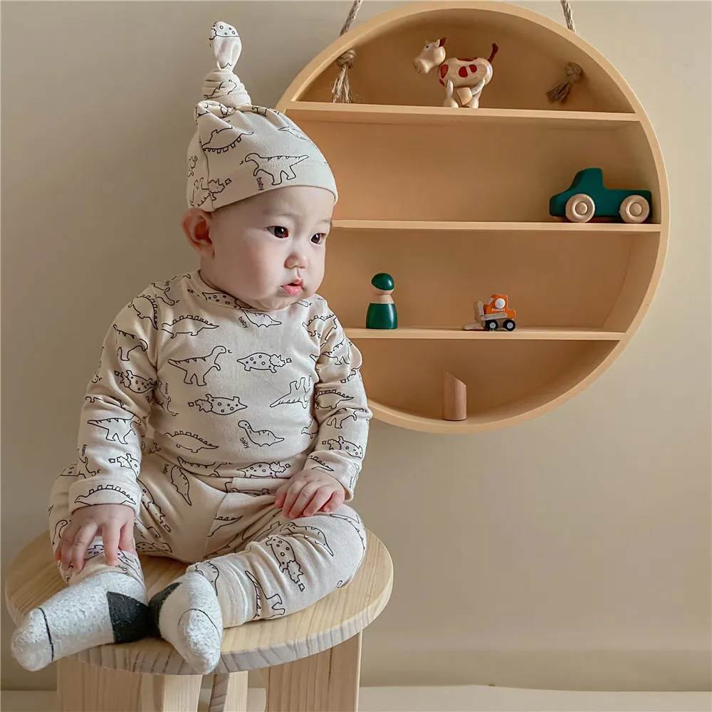 3PCS Toddler Baby Clothing Dinosaur Print Baby One Piece bodysuits With Hat Cotton Boys Girls Home Suits