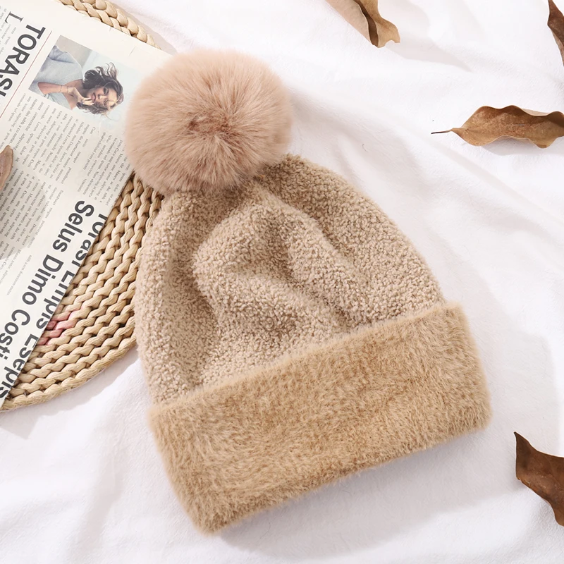 CNTANG New Women\'s Warm Double layer Lining Hat Faux Rabbit Fur Pompom Beanies Fashion Winter Fabric lamb Cap Casual Girls Hats