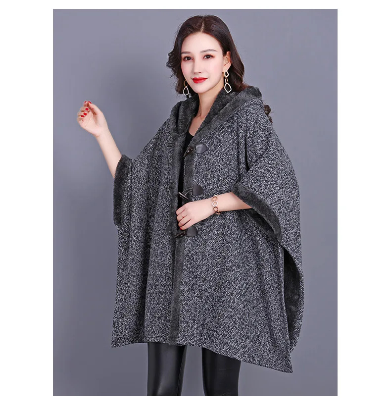 Women  Velvet Thicken Cloak Big Pendulum Cardigan Winter Warm Horn Buckle Overcoat Batwing Sleeves Long Poncho Wear With Hat