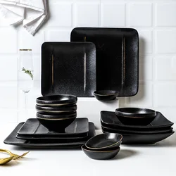 Luxury Style Matte Black Ceramic Kitchen Tableware Sets Western Steak Dinner Plates Sauce Dishes Rice Bowls With Gold Rim