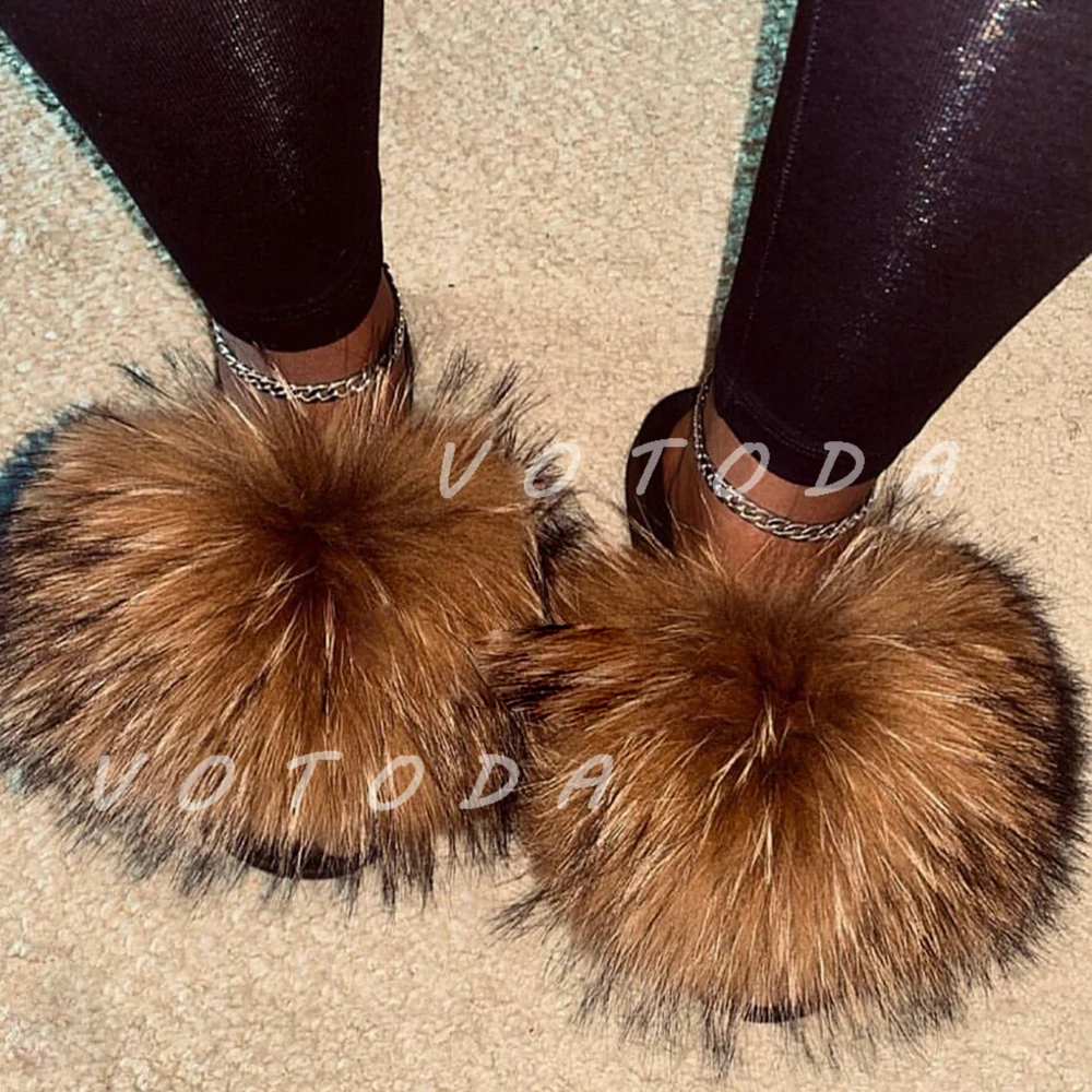 Summer Women Fur Slippers Woman Fluffy Raccoon Fox Fur Slides Female Furry Outside Flat Flip Flop Ladies Rainbow Slip On Sandals