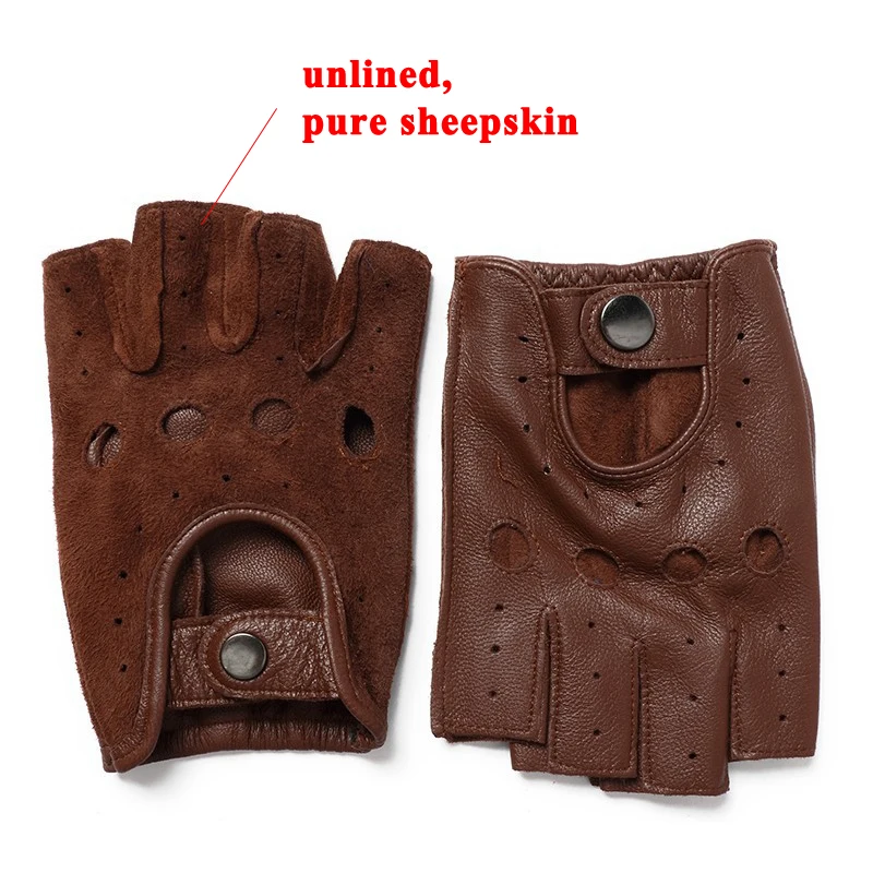 Men Genuine Leather Half-finger Gloves Male Cycling Sports Sheepskin Short Thin Mittens Homber White Red Punched Unlined Luvas