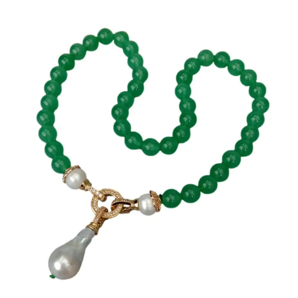 YYGEM 14x24mm white keshi Pearl Pendant 10mm Natural Green round jade Necklace view 3