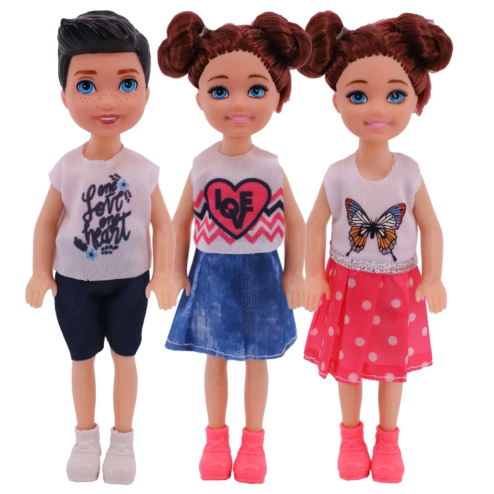 3 Pcs/set Mini Doll 14 cm Cute Doll Clothes For Kelly Doll Male Boy's Doll Girls Fashion Butterfly/Love Printed Dress Gift Child