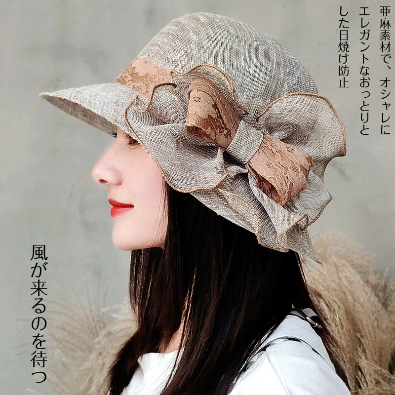 

New Fashion Vintage Elegant Solid Color Women Floral Ribbon Linen Bowler Sun Hat Fedoras Bucket Cap