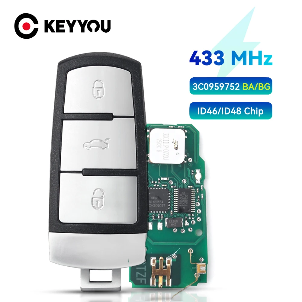 

KEYYOU 3C0959752BA 3BT Keyless Uncut Smart Remote Key Fob 433MHZ ID48 Chip For VolksWagen VW Passat B6 3C B7 Magotan CC Car Key