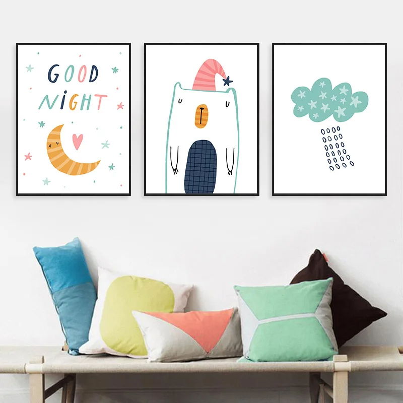 Nordic Kind Cartoon Malerei Tier Abstrakte Poster Kindergarten Wand Kunst Mond Leinwand Malerei Moderne Kid Baby Zimmer Dekorati