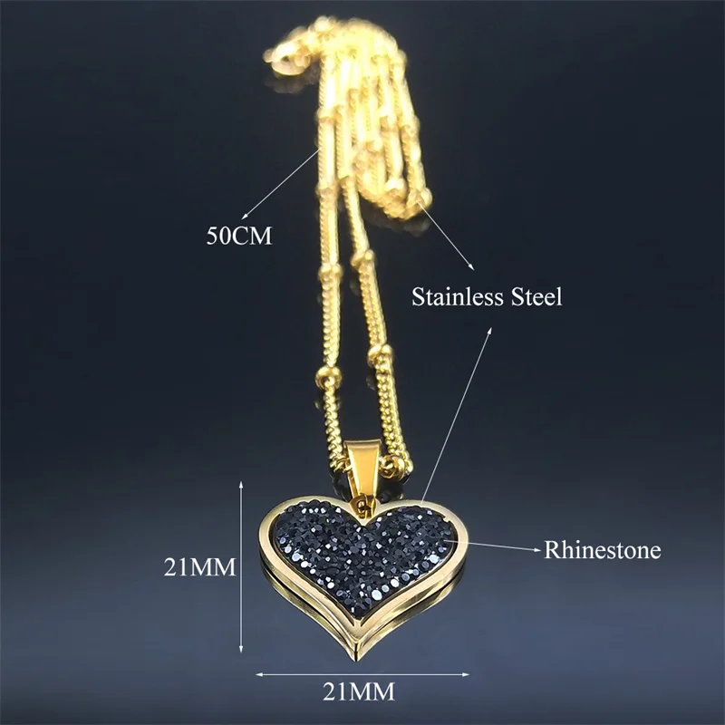 2023 Stainless Steel Black Crystal Heart Necklaces Charm Women Gold Color Small Pendants Necklaces Jewelry bijoux N8261S01