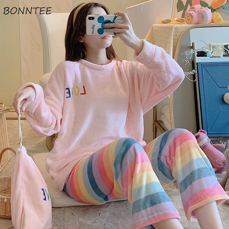 

Pajama Sets Women Soft Velvet Fashion Sweet Rainbow Design Ulzzang Chic Girls Sleepwear Pregnant Ladies Thicker Winter Homewear