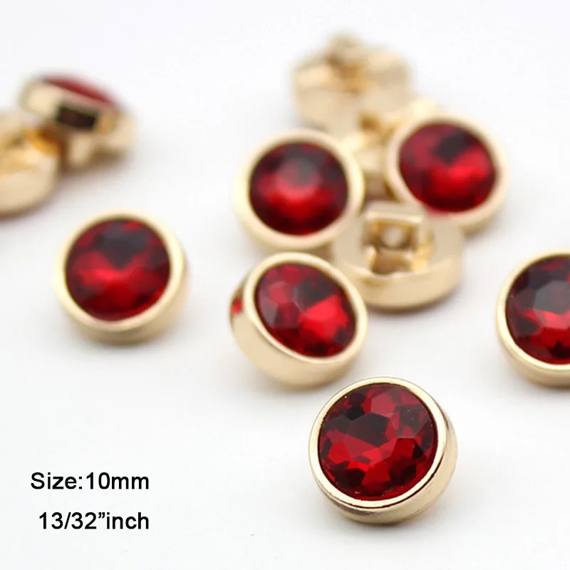 10pcs/lot Size:10mm Ｍetal Buttons Red Rhinestone Buttons Metal Rim Shank Button for Garment Coat Suit Sewing (SS-2566-1)