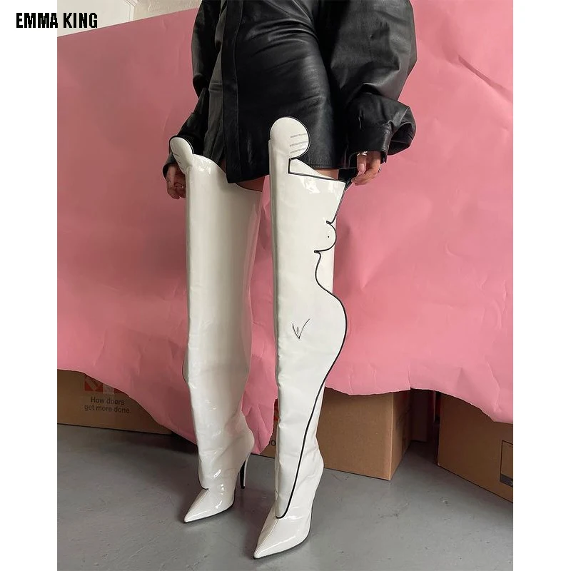 White Sexy Over The Knee Boots Women High Heels Shoes Ladies Thigh High Boots Spring Leather Long Boots Female Shoe Plus Size 44