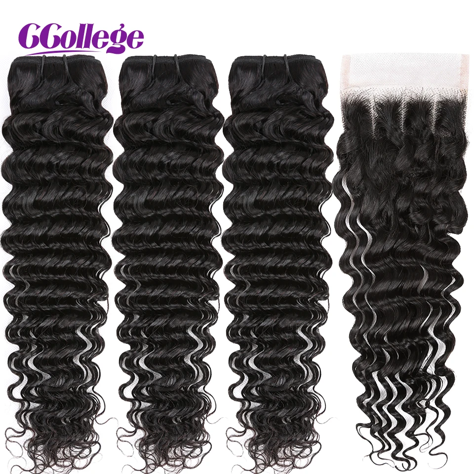 

Deep Wave Bundles With Closure Brazilian Hair Weave 4pcs/lot 100% Human Hair Bundles With Closure Non Remy Hair Extension