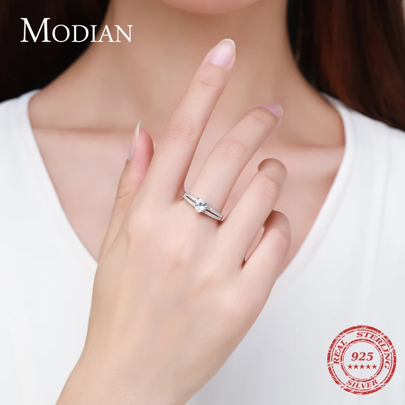 Modian 2024 Real 925 Sterling Silver Hearts Clear CZ Finger Rings For Women Romantic Double Line Wedding Statement Jewelry Gift