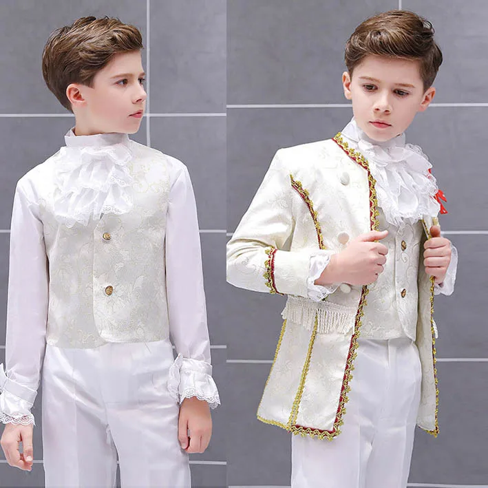 2023 Boys European Court Drama Costume Children White Stage Prince Charming Performance Suit Set Kids Blazer Vest Pants 3 Piece