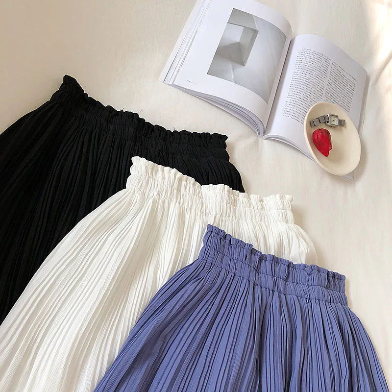 Solid Chiffon Summer Shorts Skirt Women Fashion Korean Elastic Waist Pleated Mini Skirt Casual Beach Faldas Saias