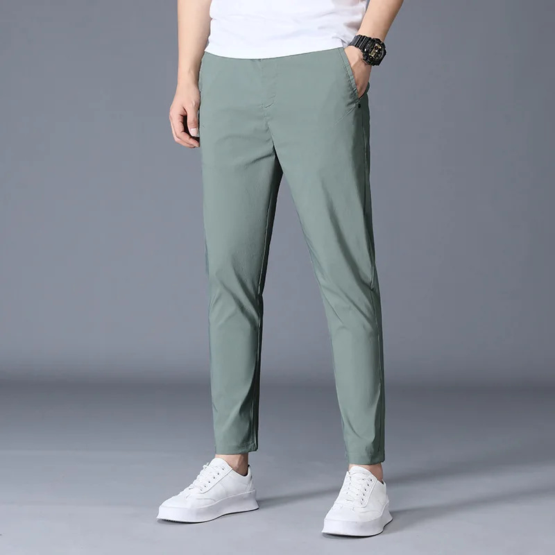 

Summer Ankle Length Suit Pants Trousers For Male Ice Silk Black Khaki Korea Thin Chandals Man Formal 2022 New Korea Clothes