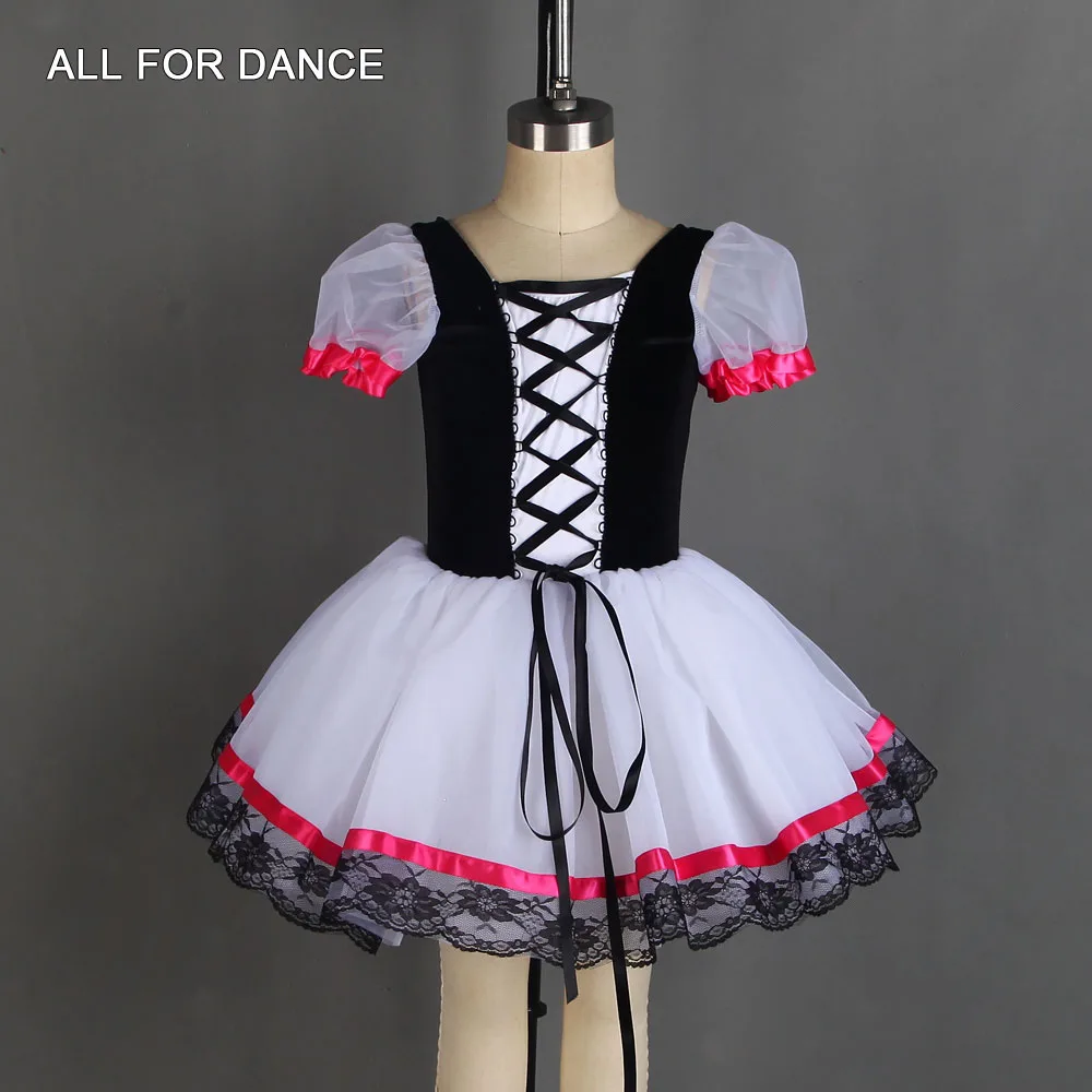 

20019 Short Sleeves Ballet Dance Tutu Black Velvet Bodice with Ribbon Trim in the Front Ballerina Dress Girls Ballet Tutus