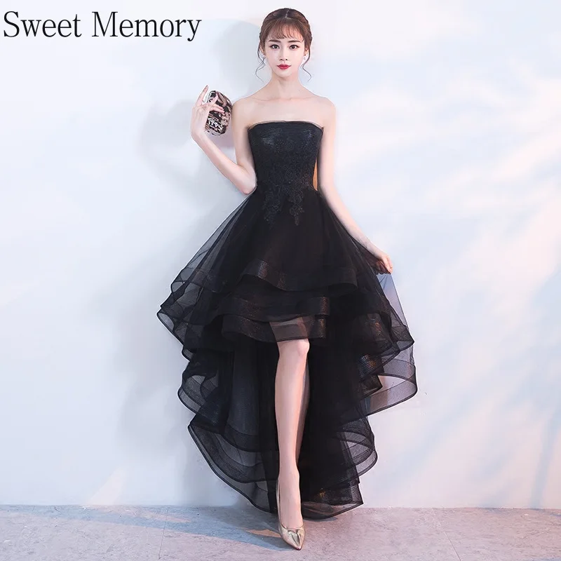 M0118 Summer Women High Low Black Prom Dresses Lady senza maniche Organza Appliques Lace Up Wedding Party Dress