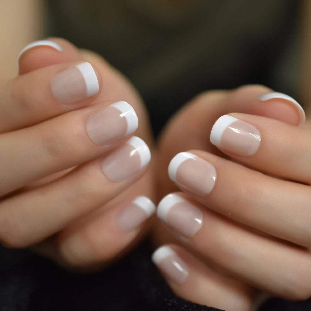 

Classical Normal Size French Nail Nude White Tip Glossy Press On Fingernals for daily with glue sticker 24