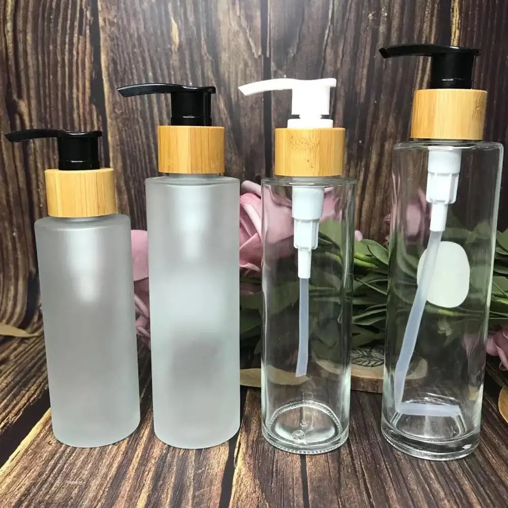 

4oz Pump lotion bottle 150ml 120ml 100ml atomizador perfume Natural Luxury Bamboo Cosmetic Packaging glass Spray perfume Bottle