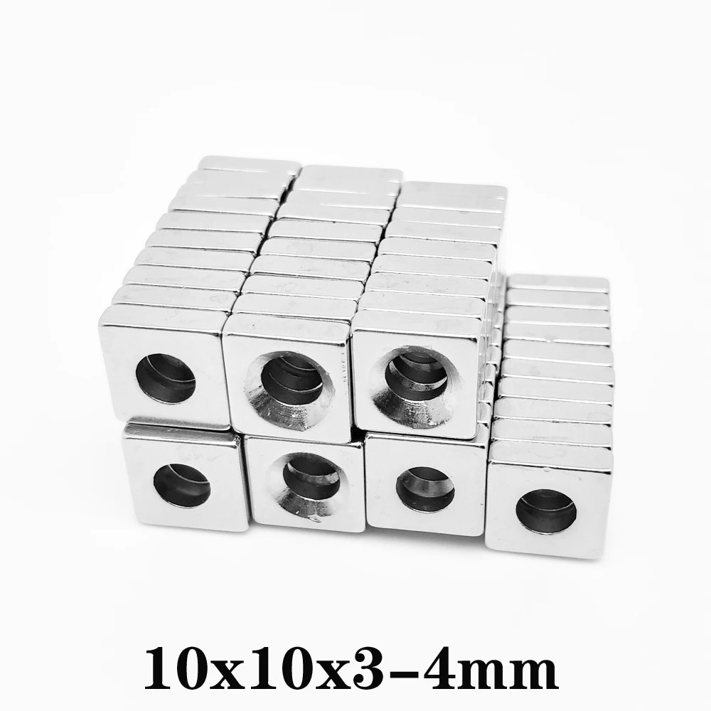 

10-200PCS 10x10x3-4mm Square Countersunk Rare Earth Magnet Hole 3mm N35 Sheet Neodymium Strong Magnet 10x10x3-4 10*10*3-4 mm