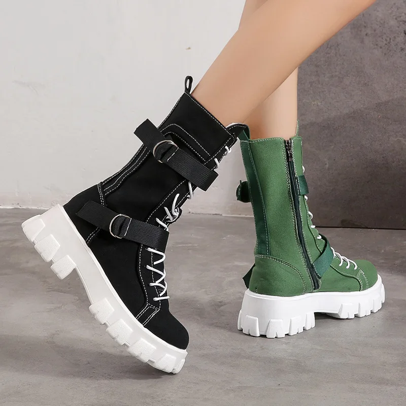 2021 New Women's Platform Comfortable Medium Boots Fashion Zipper Casual Sewing Boots Round Head Thick Leather Shoes Women