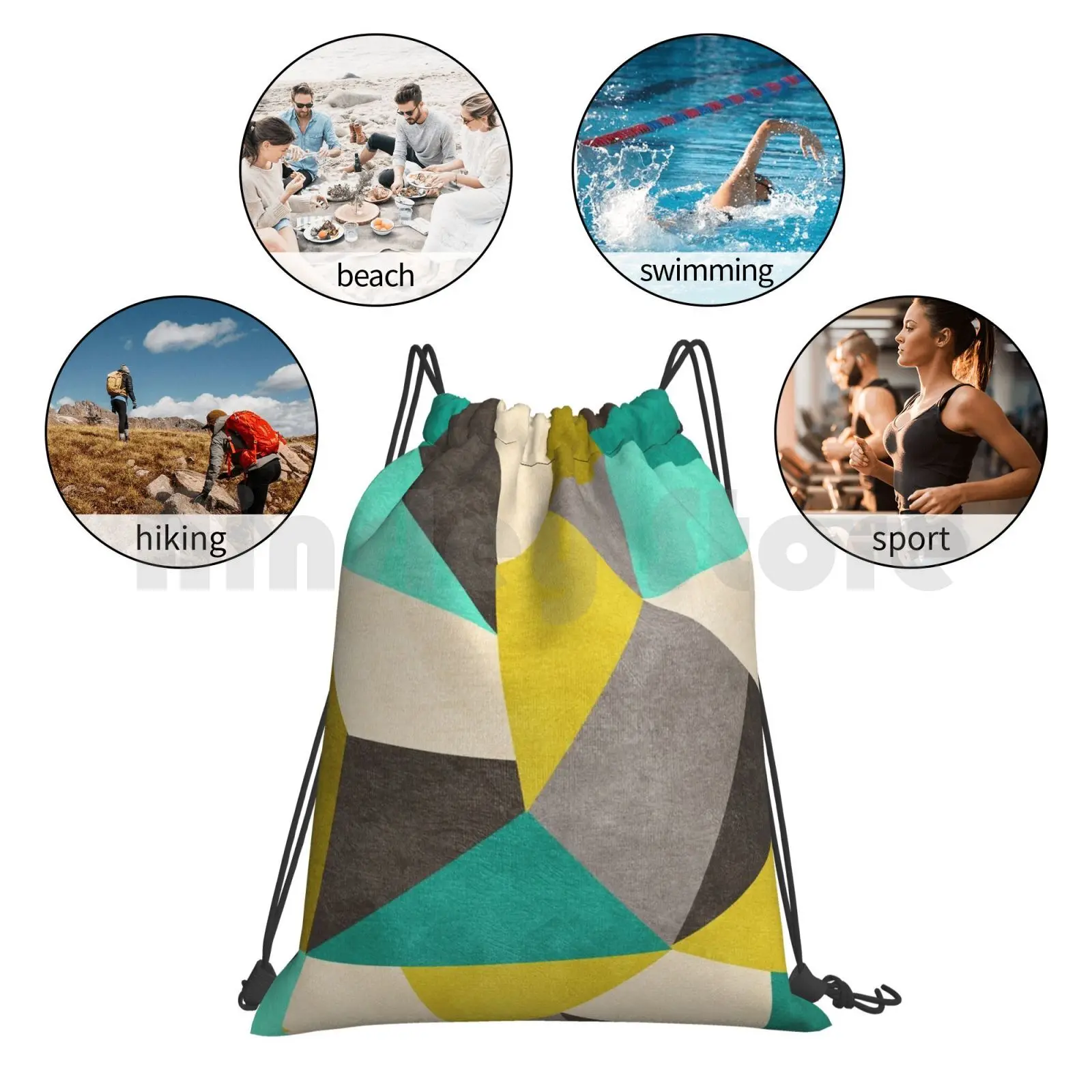 Polygons Backpack Drawstring Bag Riding Climbing Gym Bag  Dverissimo Green Yellow Polygonss Beige Brown Shapes Pattern