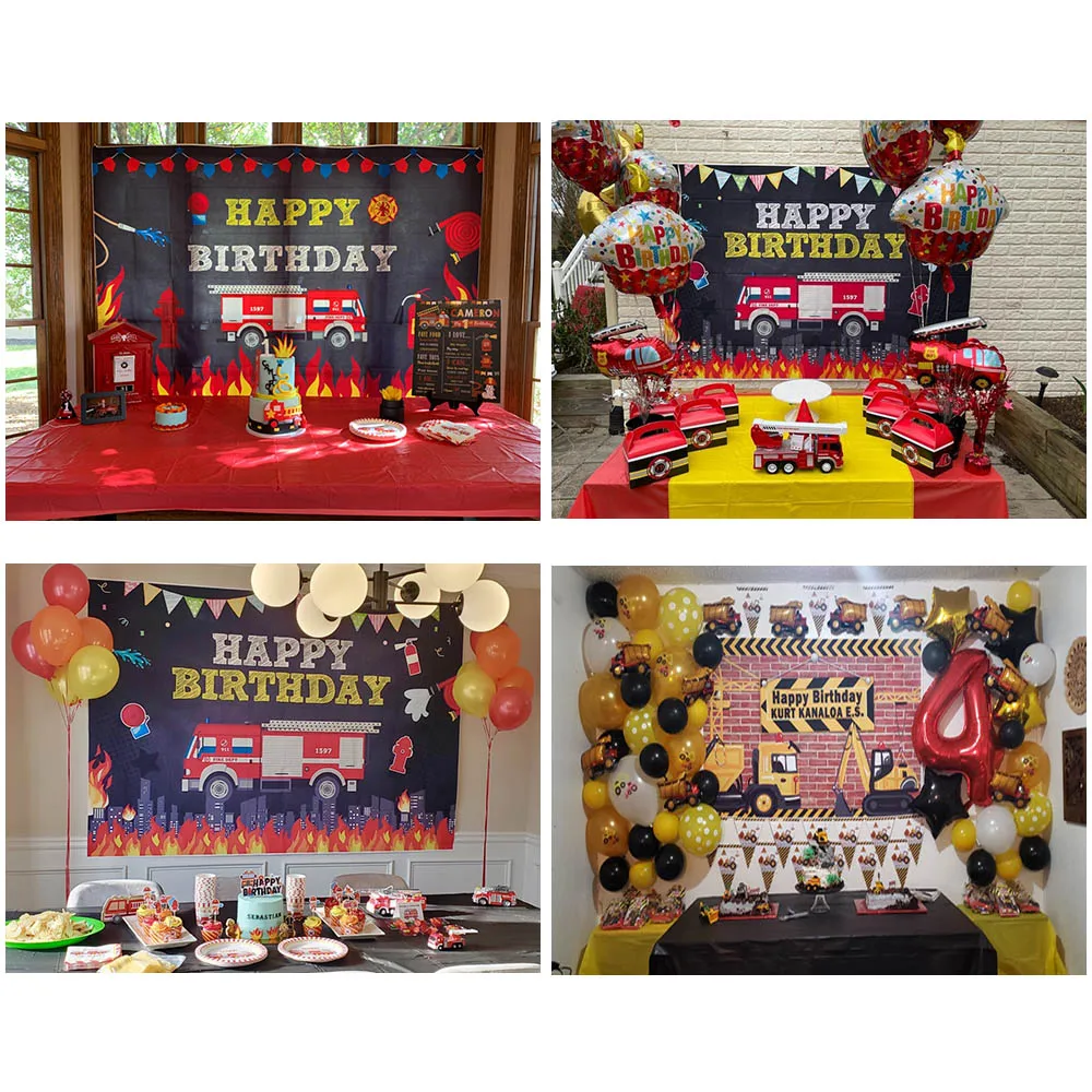 Construction Firetruck Boys Birthday Party Backdrop Dump Truck Digger Zone Fireman Fire Background Decor Dessert Table Banner