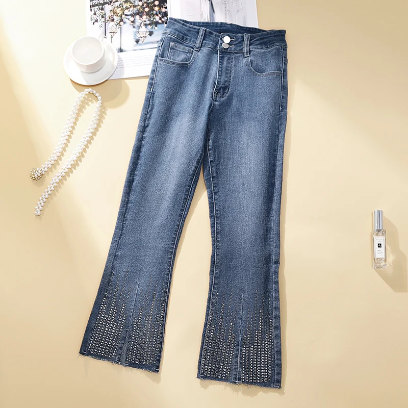 Fashion Women Flare Jeans 2022 New Spring Paste Drill Stretch Denim Pants Female High Waist Ankle Length Pants Trousers