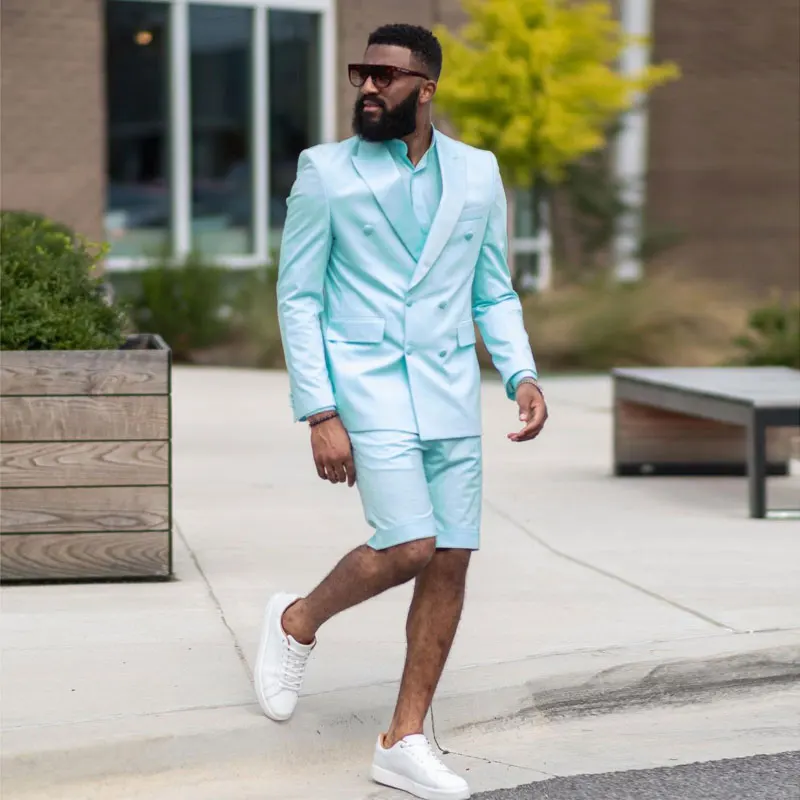 

Mint Green Summer Men's Suit Peaked Lapel Blazers Double Breasted Male Tuxedos Groom Wear Two Pieces Prom Jacket And Short Pants