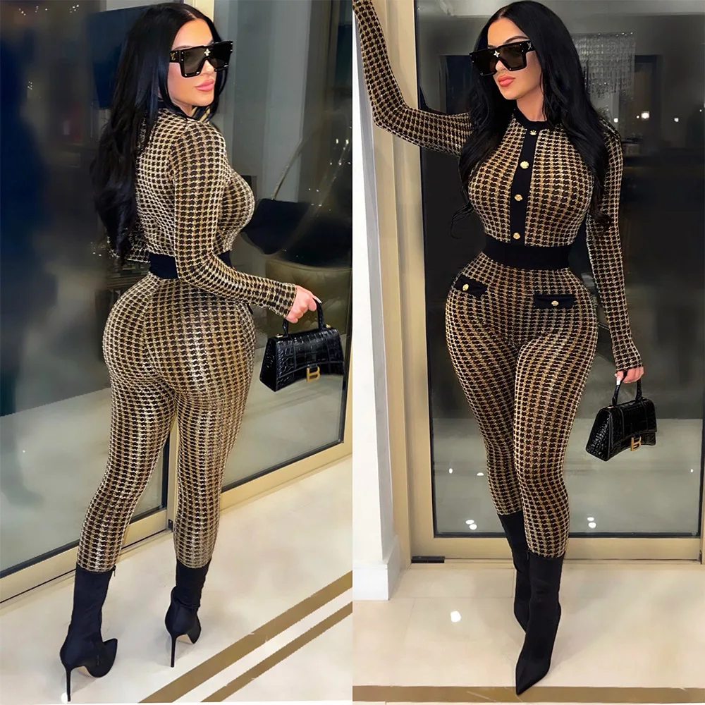 Women's Fashion Button Cardigan Printed Jumpsuit Functional Bodysuit Long Sleeve Buttoned Playsuits
