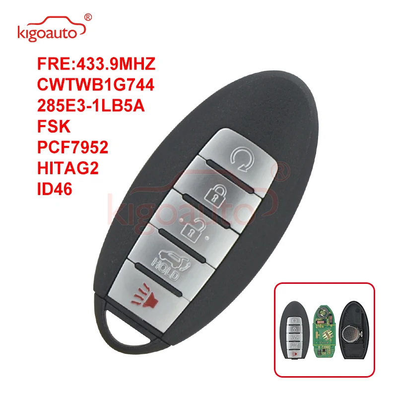 KIGOAUTO Smart Key 5 Button 433MHZ FSK HITAG2 ID46 PCF7952 CWTWB1G744 for Nissan Armada Infiniti QX80 2014-2018 PN: 285E3-1LA5A