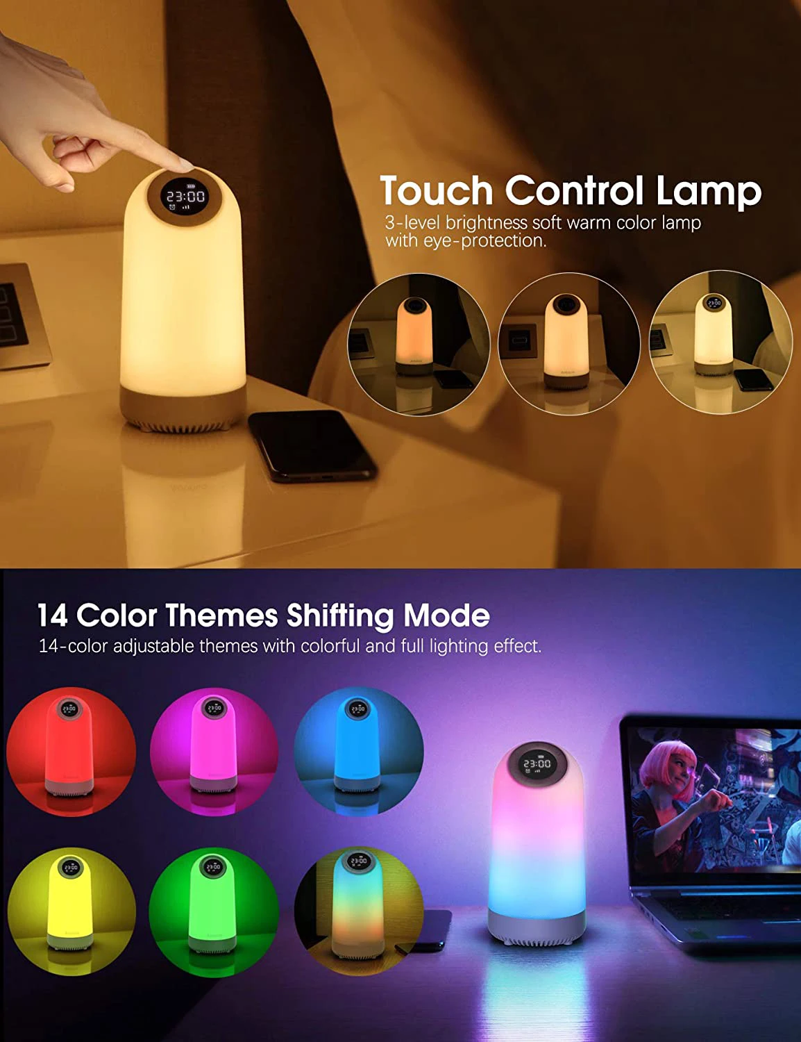 LED สีสันสดใส Night Light นาฬิกาปลุกบลูทูธเพลงลำโพง Touch-Control โคมไฟข้างเตียงสำหรับผู้ใหญ่เด็กคริสต์มาสของขวัญ