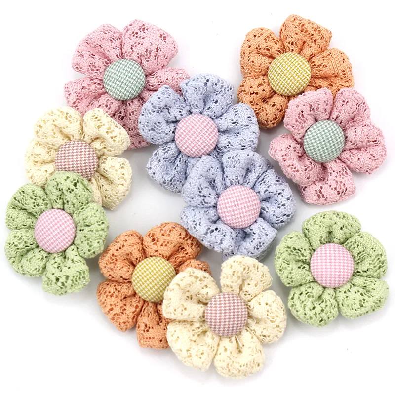 10Pcs 3.5cm Handmade Lace Fabric Flowers Padded Appliques For Crafts Baby\'s Headwear Hairpin Decor Ornaments Accessories