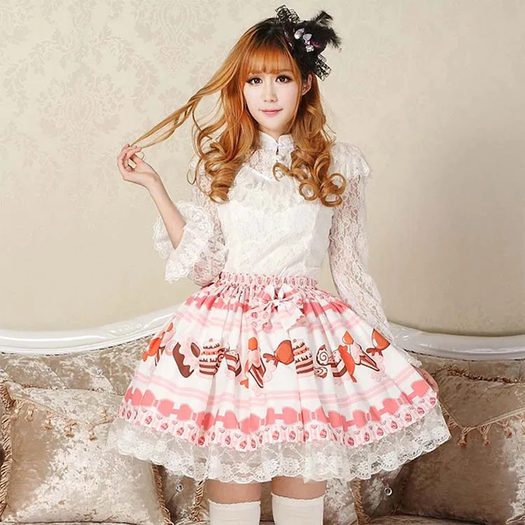 Pretty Baby Pink Candy Skirt Cute Cake Printed Japan Kawaii Adorable Lace Lolita skirt Princess Soft Skirts for Women