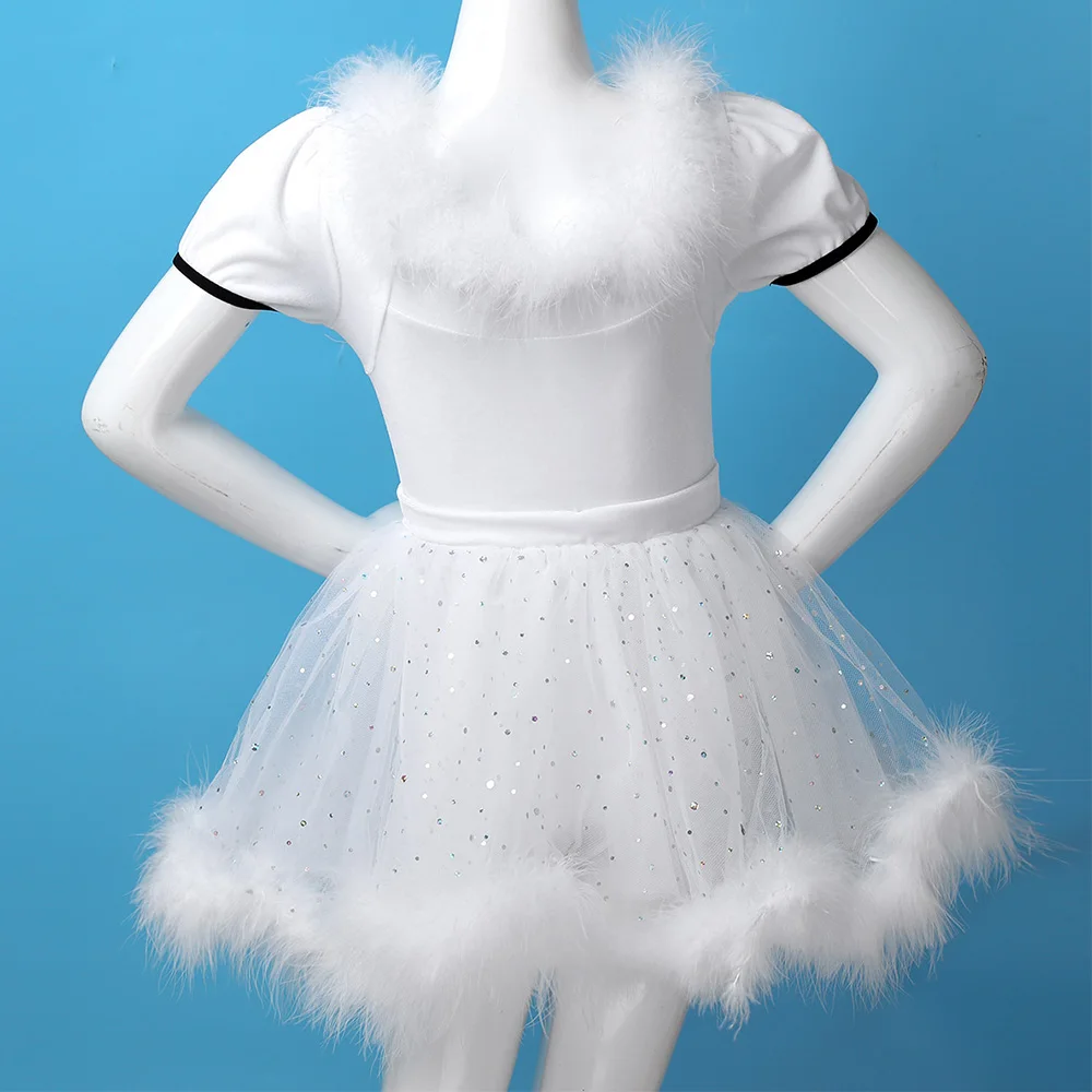 TiaoBug Kids Girls Christmas Swan Dance Costume White Feather Short Sleeve Sequins Mesh Tutu Ballet Leotard Figure Skating Dress