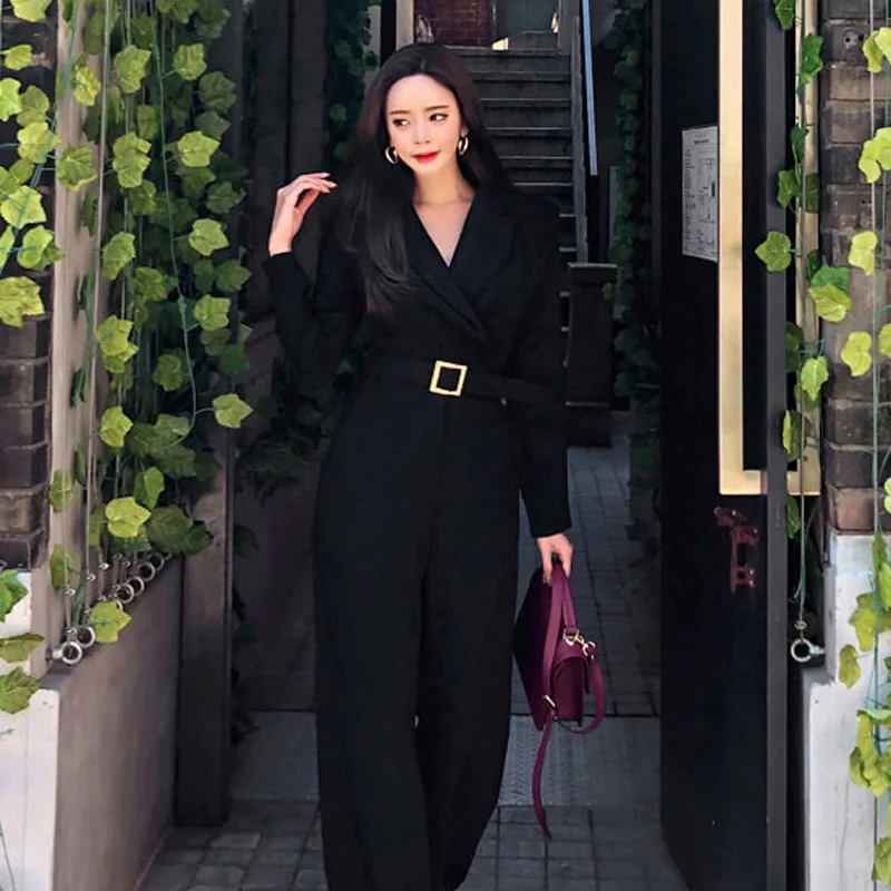 2019 Winter Korean Style OL Solid Color Jumpsuits Women Turn Down Collar Belted Long Romper Formal Work Wear Playsuits Plus Size