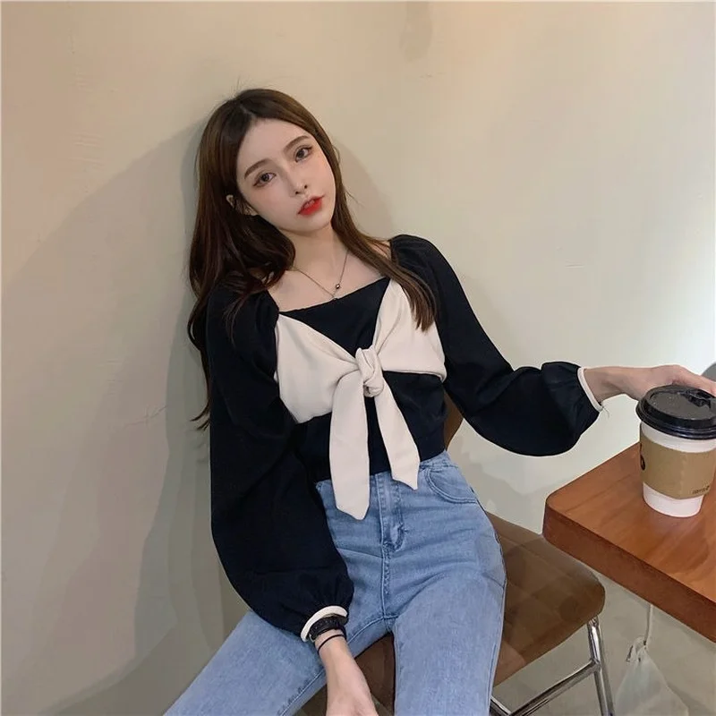 Bow Tie Square Neck Lantern Sleeve Long-sleeved T-shirt Women 2022 New Korean Student Shirt