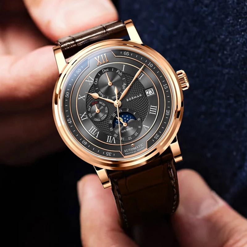 BORMAN Rose Golden Elegant Moon Phase Design Calendar Display Brown Leather Mens Watch Top Brand Luxury Automatic Watch Clock