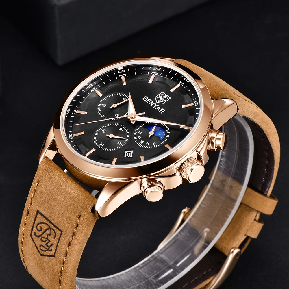 BENYAR Top Brand Luxury Men Quartz Watches 30M Waterproof Leather Military Watch for Men Casual Automatic Date Clock Relojes