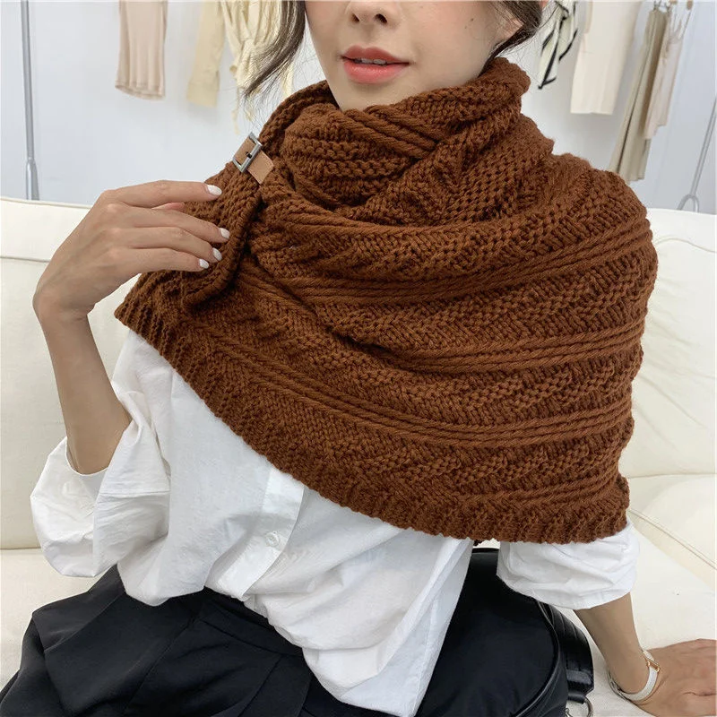 Shawl Women Poncho Knitted Scarf Cloak With Buckle Fashion Tops Autumn Winter Korean Clothes Brown Cardigan Vintage Sweaters