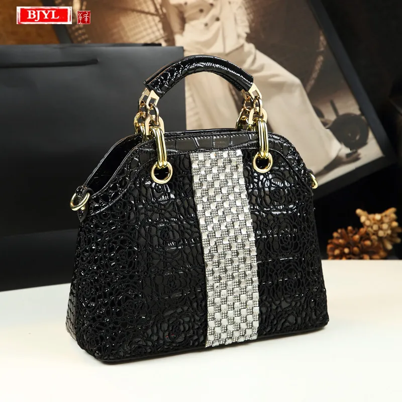 Luxury Diamonds handbag women bag fashion crocodile pattern leather female shoulder messenger bag lace flowers rhinestone bags