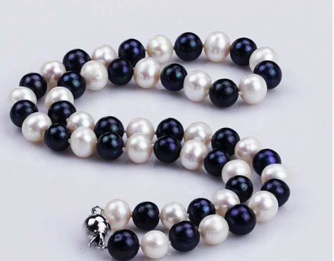 HABITOO 100% Nature White&black 9-10 MM FW Cultured Pearl Necklace 18