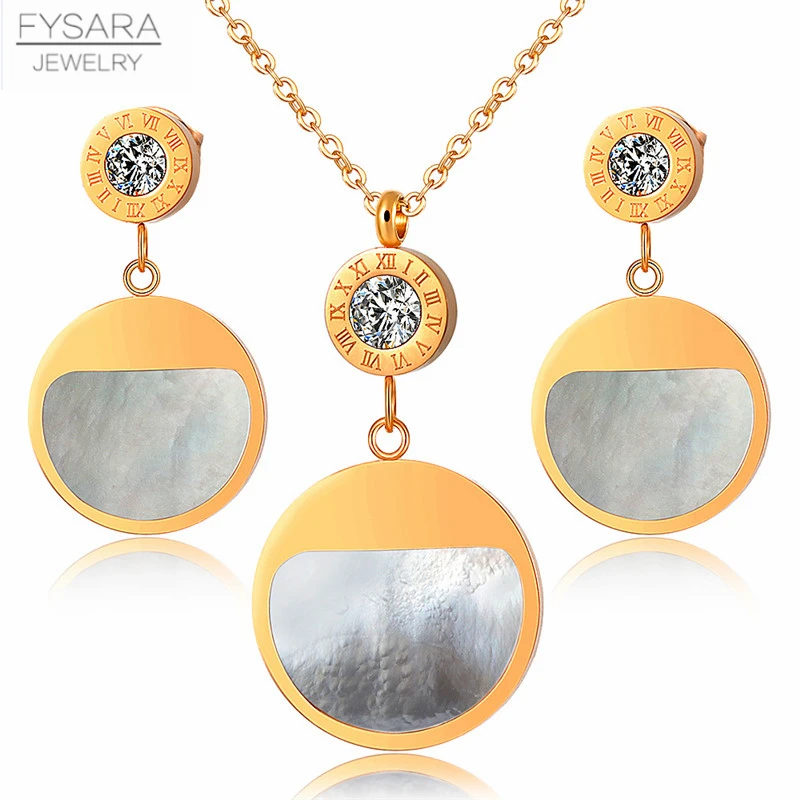 FYSARA Two Round Circle Roman Numer Drop Earrings Pendant Necklace for Women 9 Colors Shell Natural Stainless Steel Jewelry Set